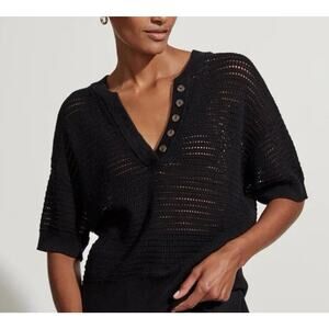 Varley Callie Knit Top Womens XL Black V Neck Open Knit 1/2 Sleeve Slouchy Beach